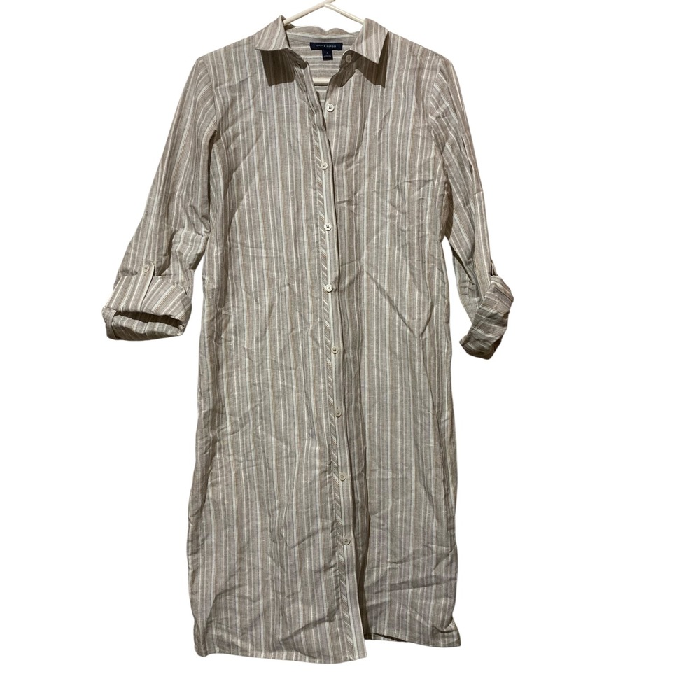 Tommy Hilfiger Linen Cotton Striped Shirt Dress Tan White Blue Size 4